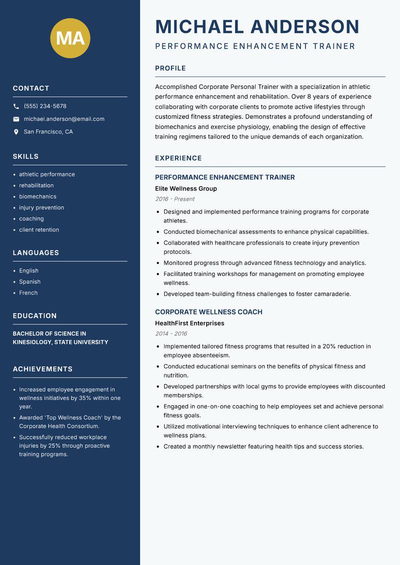 Corporate Personal Trainer resume template — Classic Clean