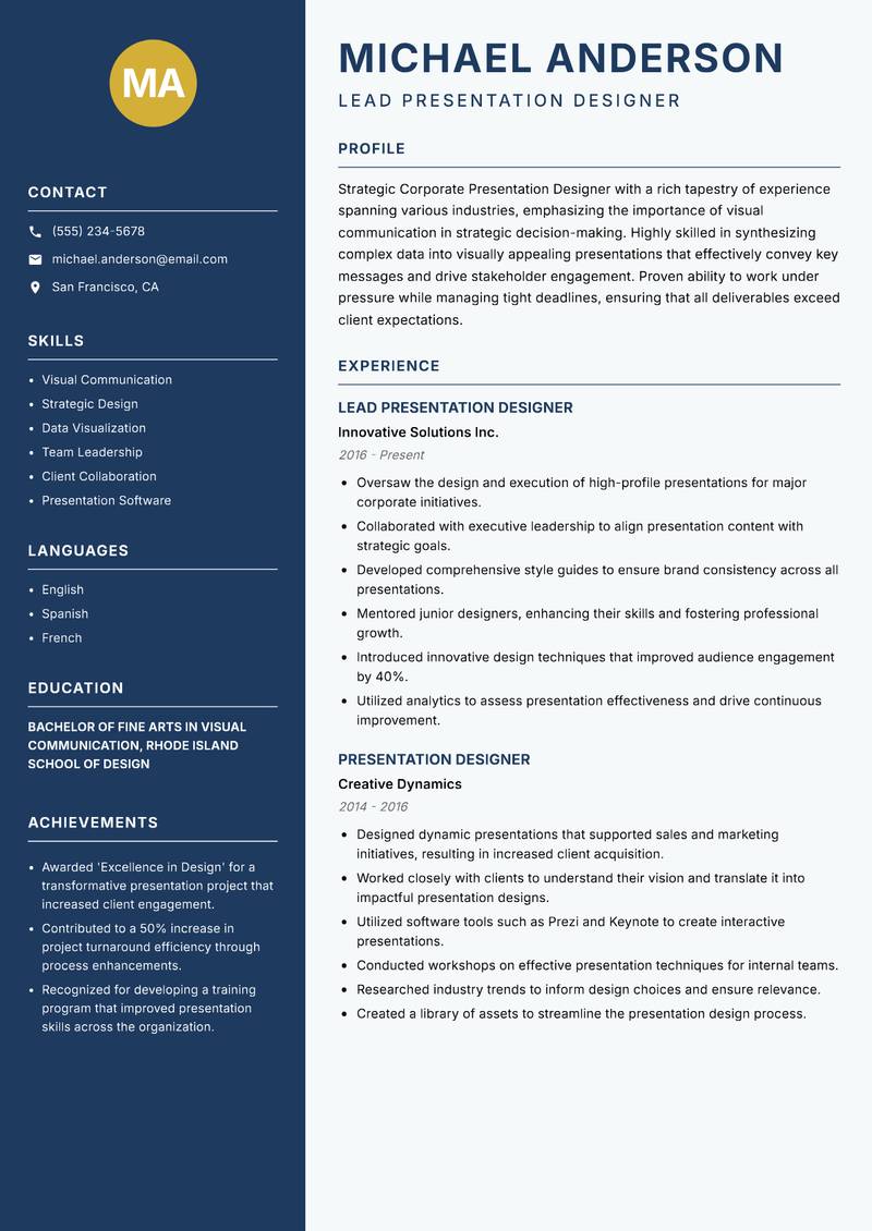 Corporate Presentation Designer resume template — Classic Clean