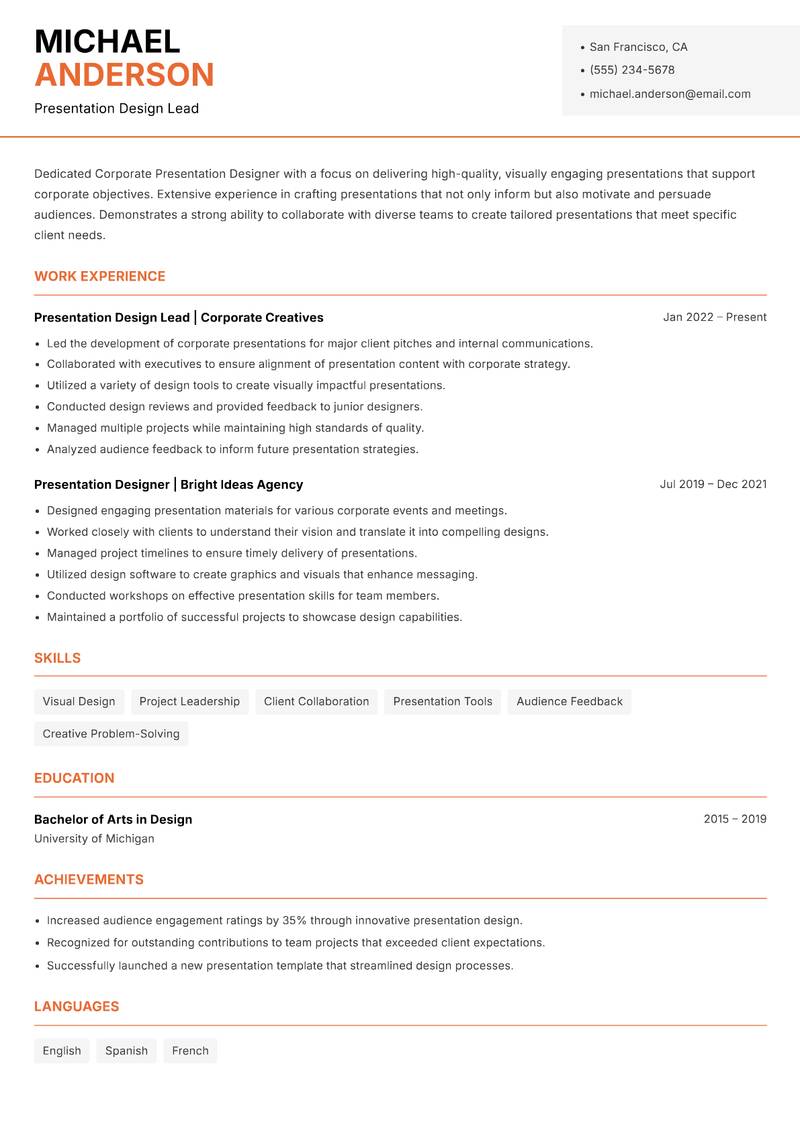 Corporate Presentation Designer resume template — Modern Professional