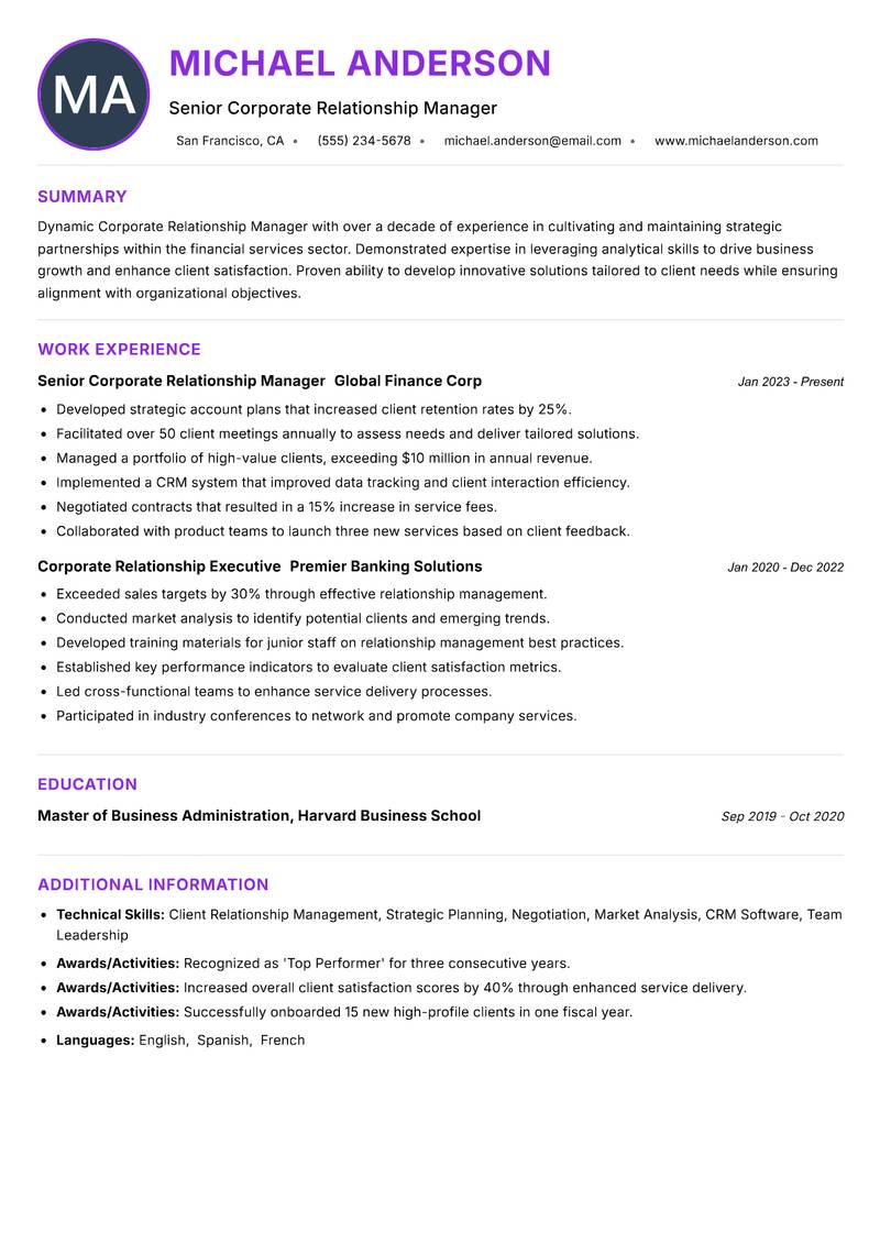 Corporate Relationship Manager resume example — ATS-friendly template
