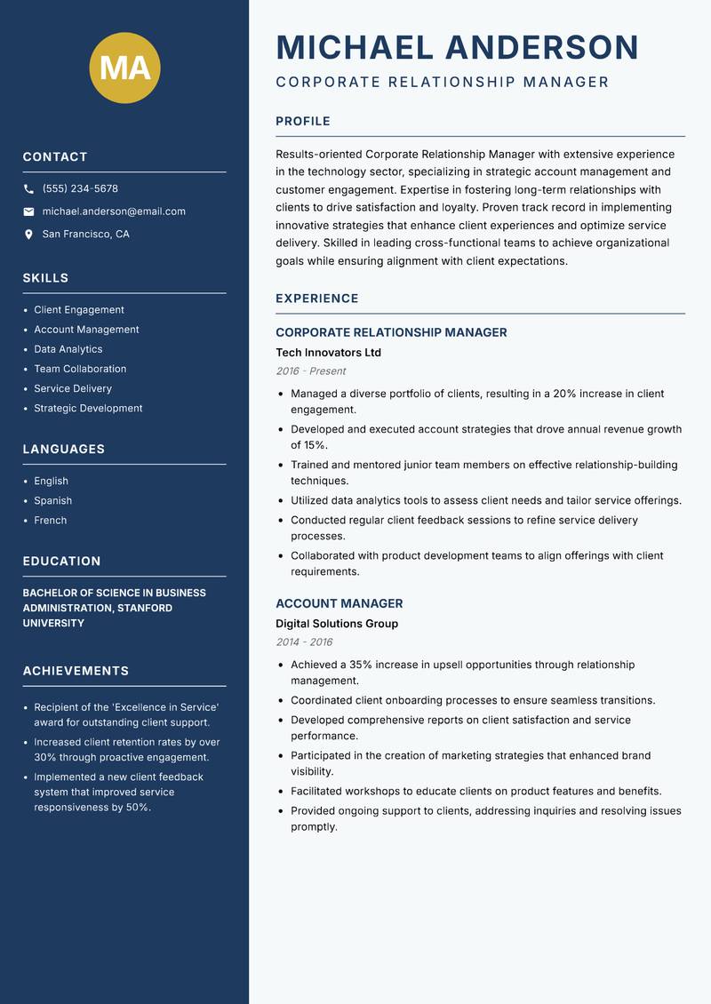 Corporate Relationship Manager resume template — Classic Clean