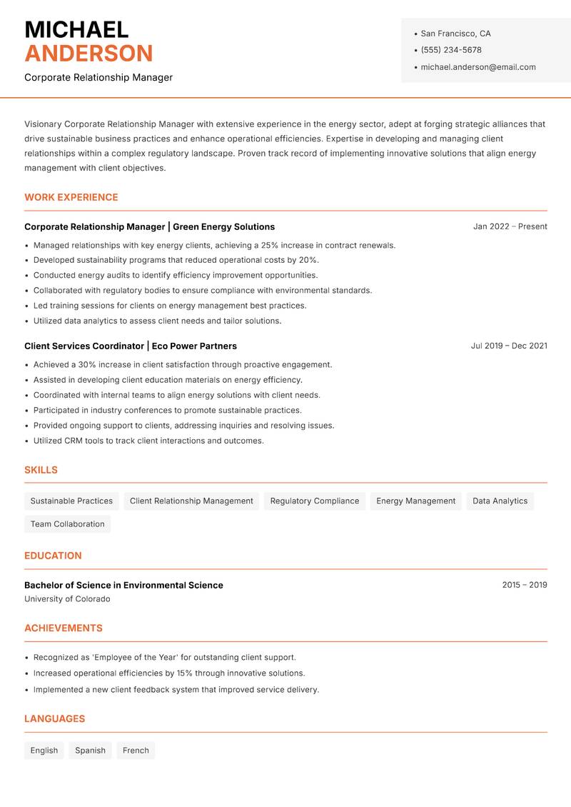 Corporate Relationship Manager resume template — Modern Professional