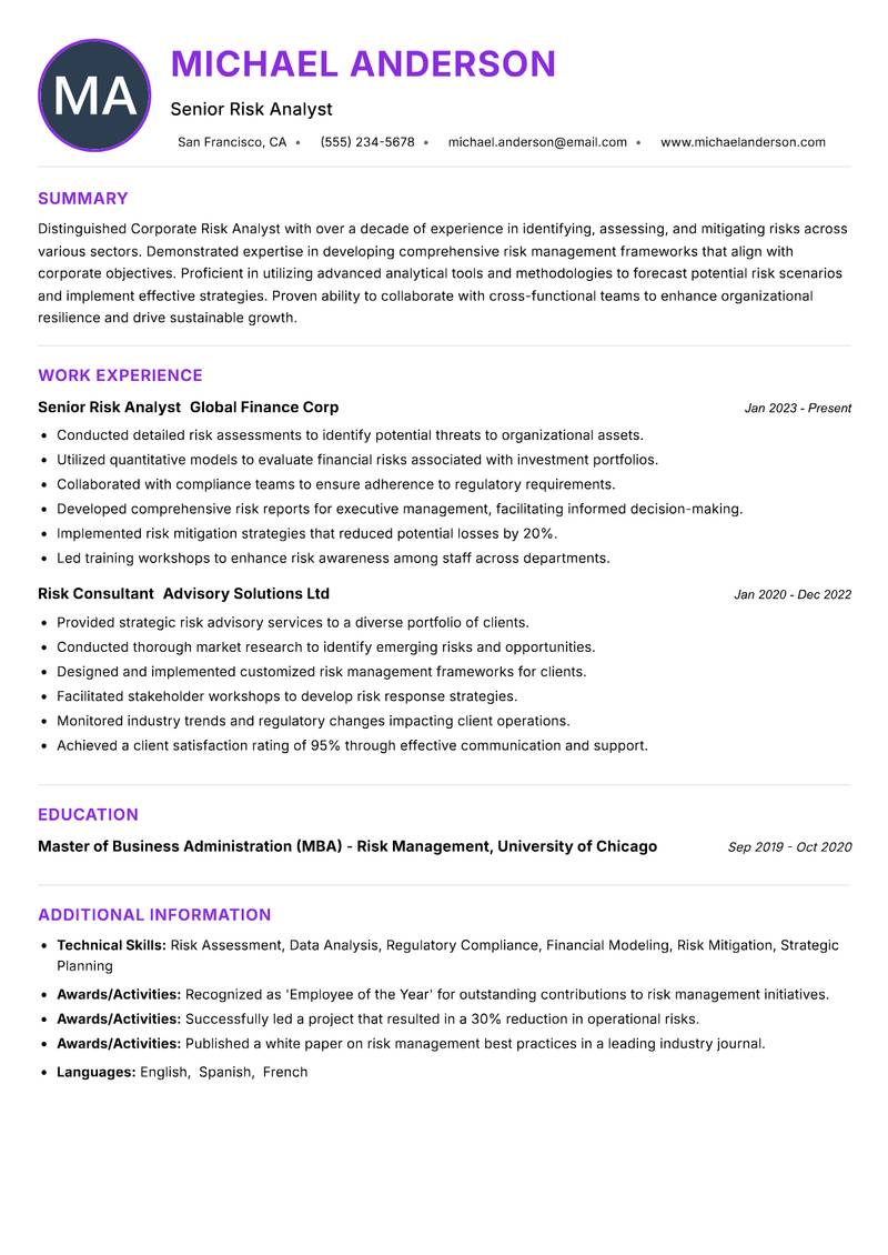 Corporate Risk Analyst resume example — ATS-friendly template