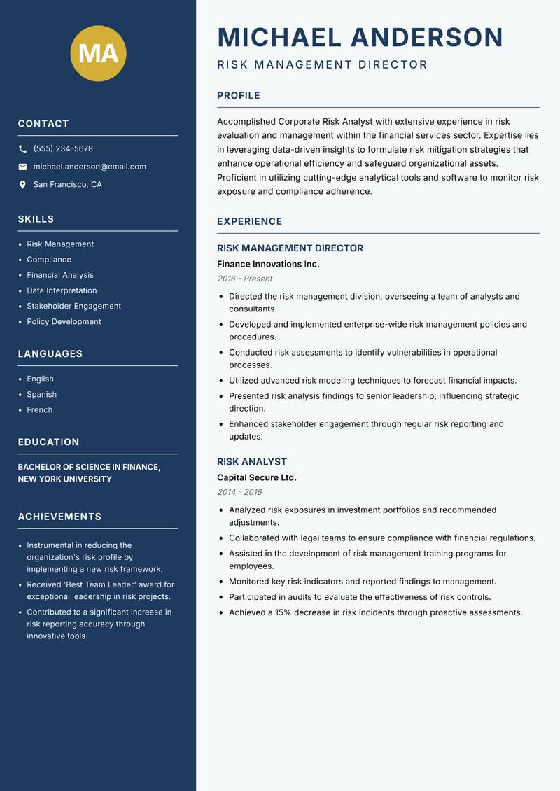 Corporate Risk Analyst resume template — Classic Clean