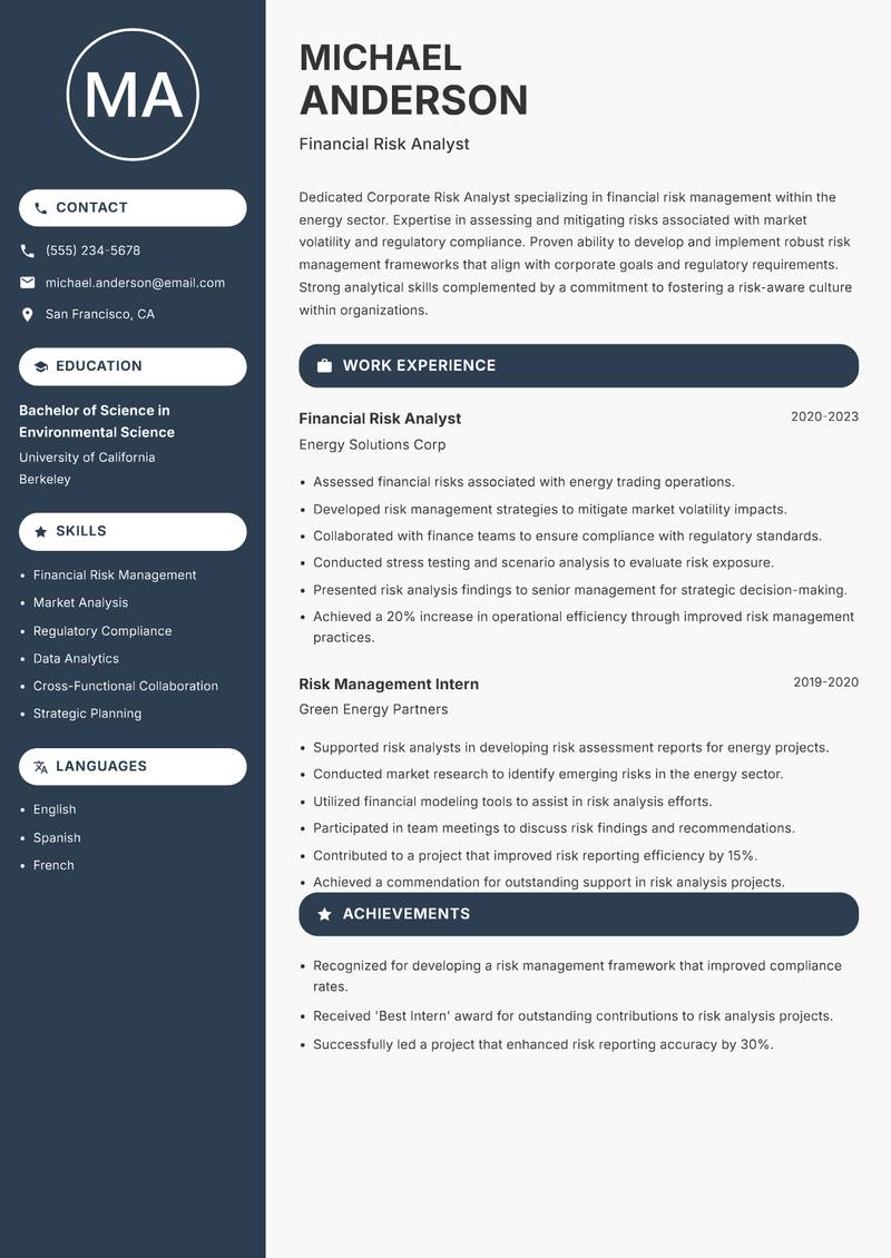 Corporate Risk Analyst resume template — Compact