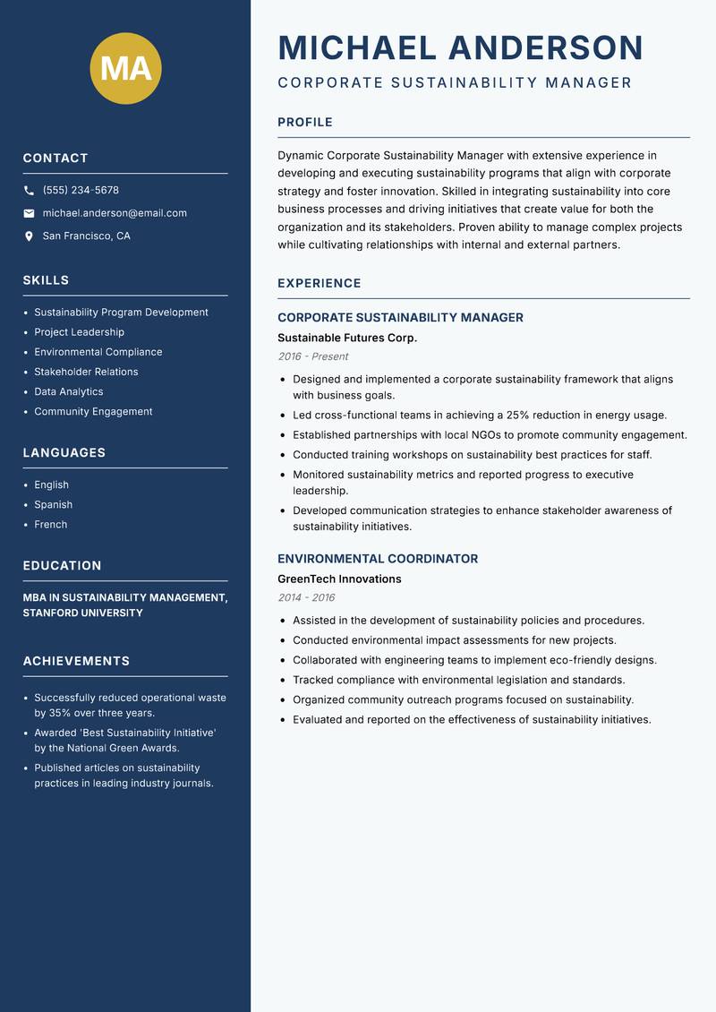 Corporate Sustainability Manager resume template — Classic Clean