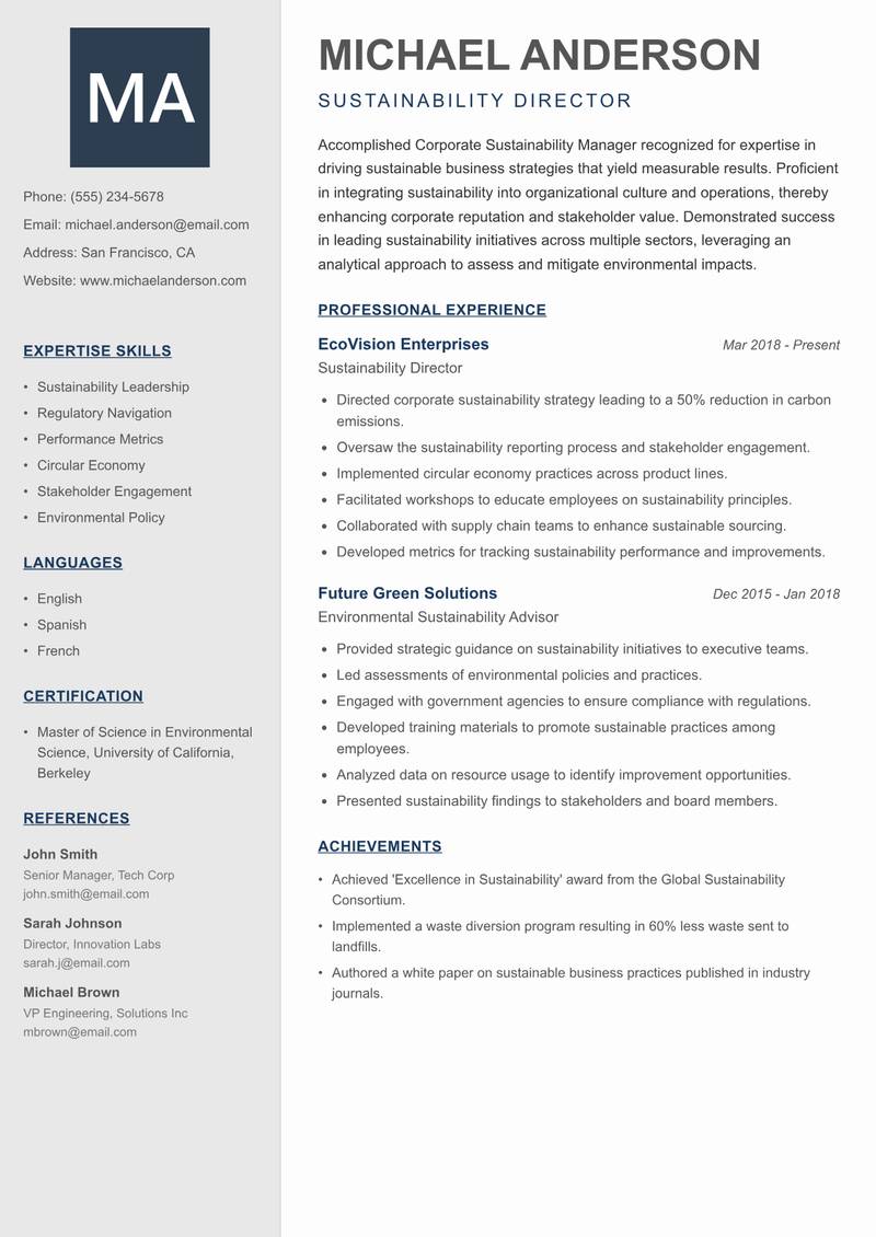 Corporate Sustainability Manager resume template — Creative Minimal