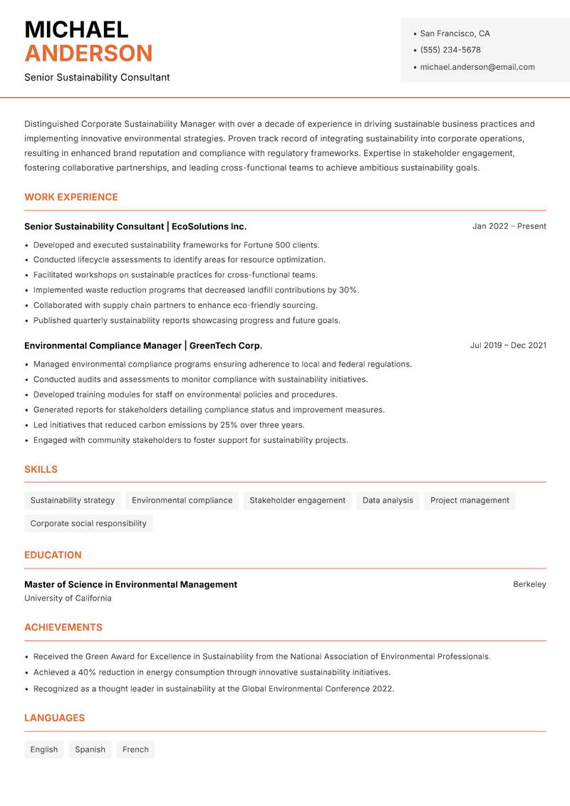 Corporate Sustainability Manager resume template — Modern Professional