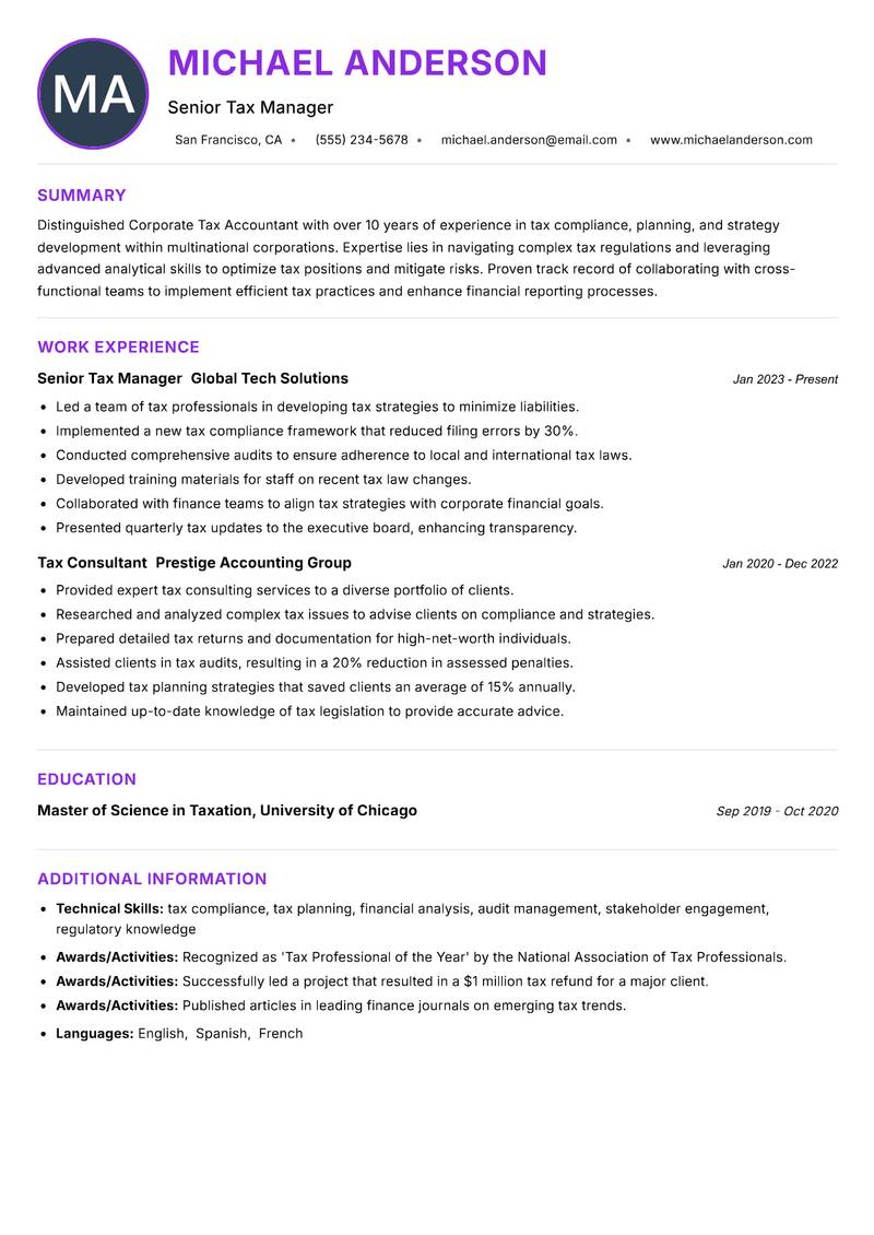 Corporate Tax Accountant resume example — Taxation