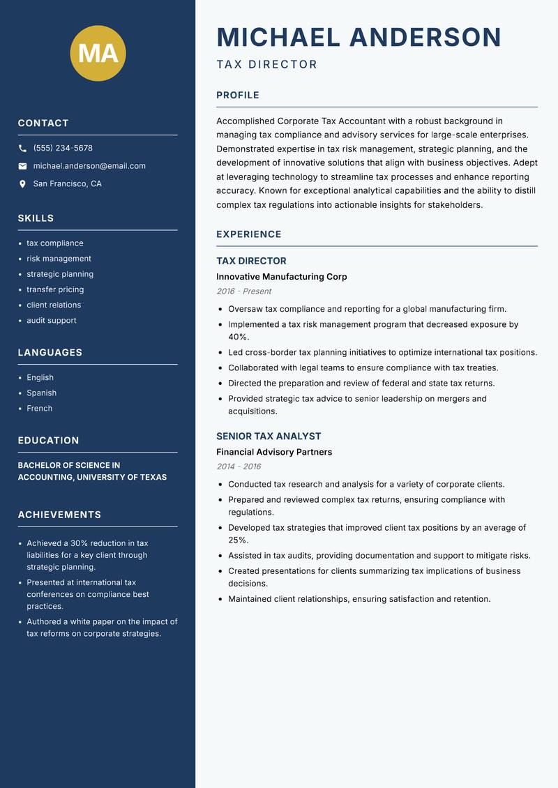 Corporate Tax Accountant resume template — Classic Clean