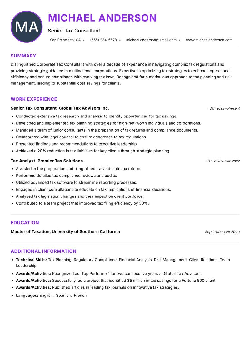 Corporate Tax Consultant resume example — ATS-friendly template