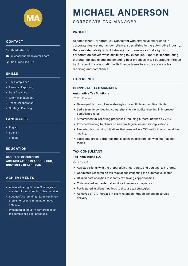 Corporate Tax Consultant resume template — Classic Clean