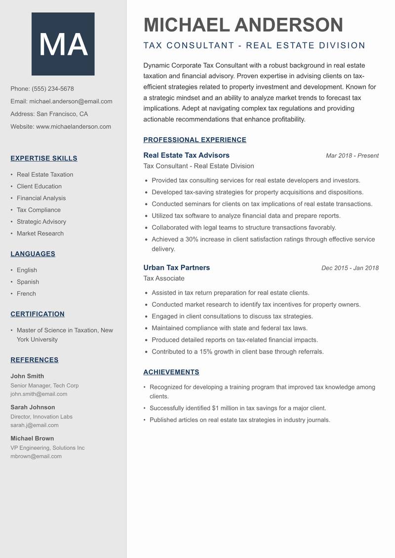 Corporate Tax Consultant resume template — Creative Minimal