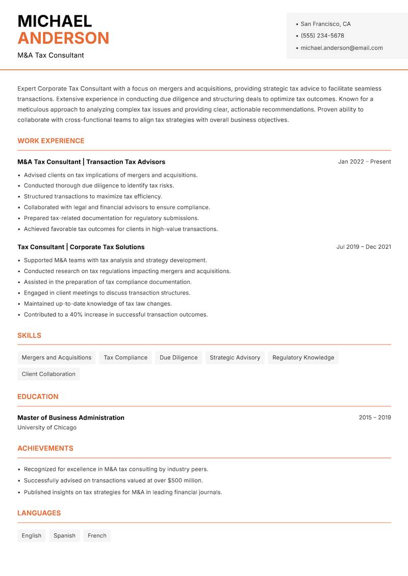 Corporate Tax Consultant resume template — Modern Professional