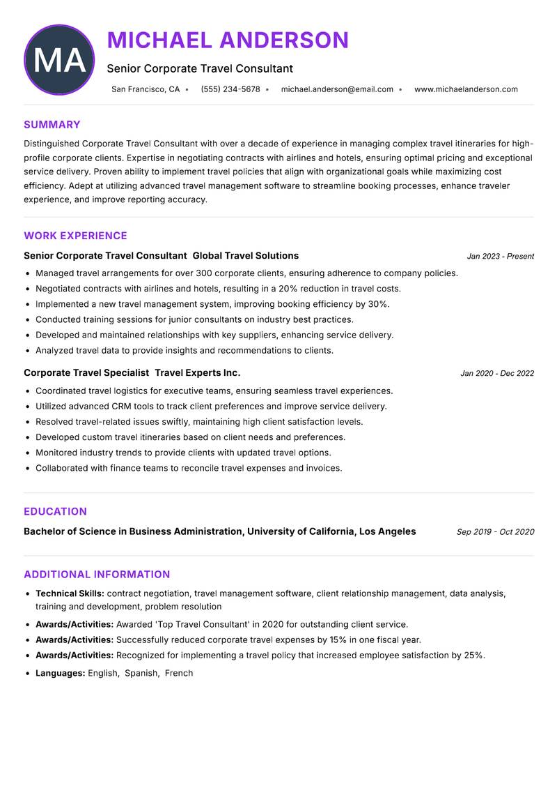 Corporate Travel Consultant resume example — ATS-friendly template