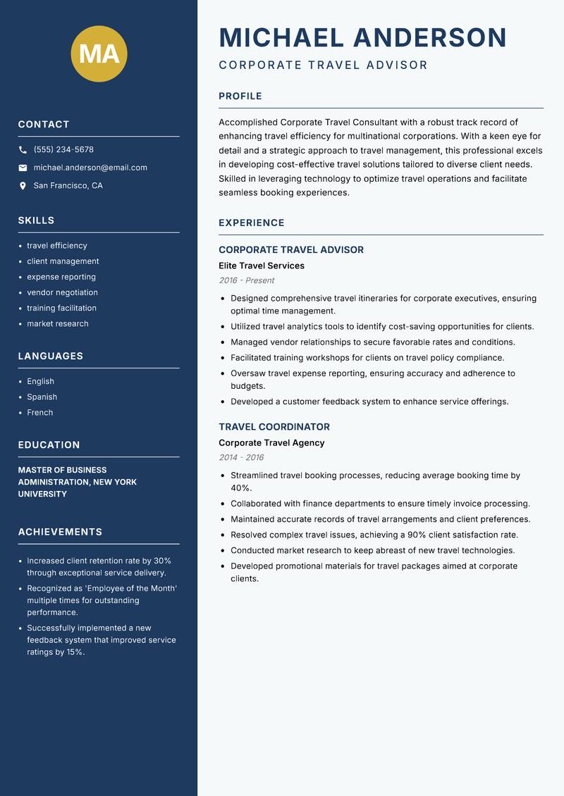 Corporate Travel Consultant resume template — Classic Clean