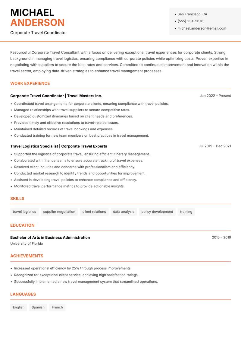 Corporate Travel Consultant resume template — Modern Professional