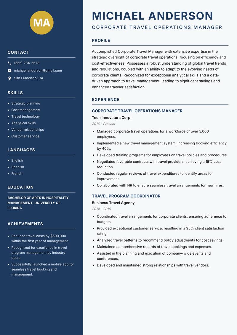 Corporate Travel Manager resume template — Classic Clean