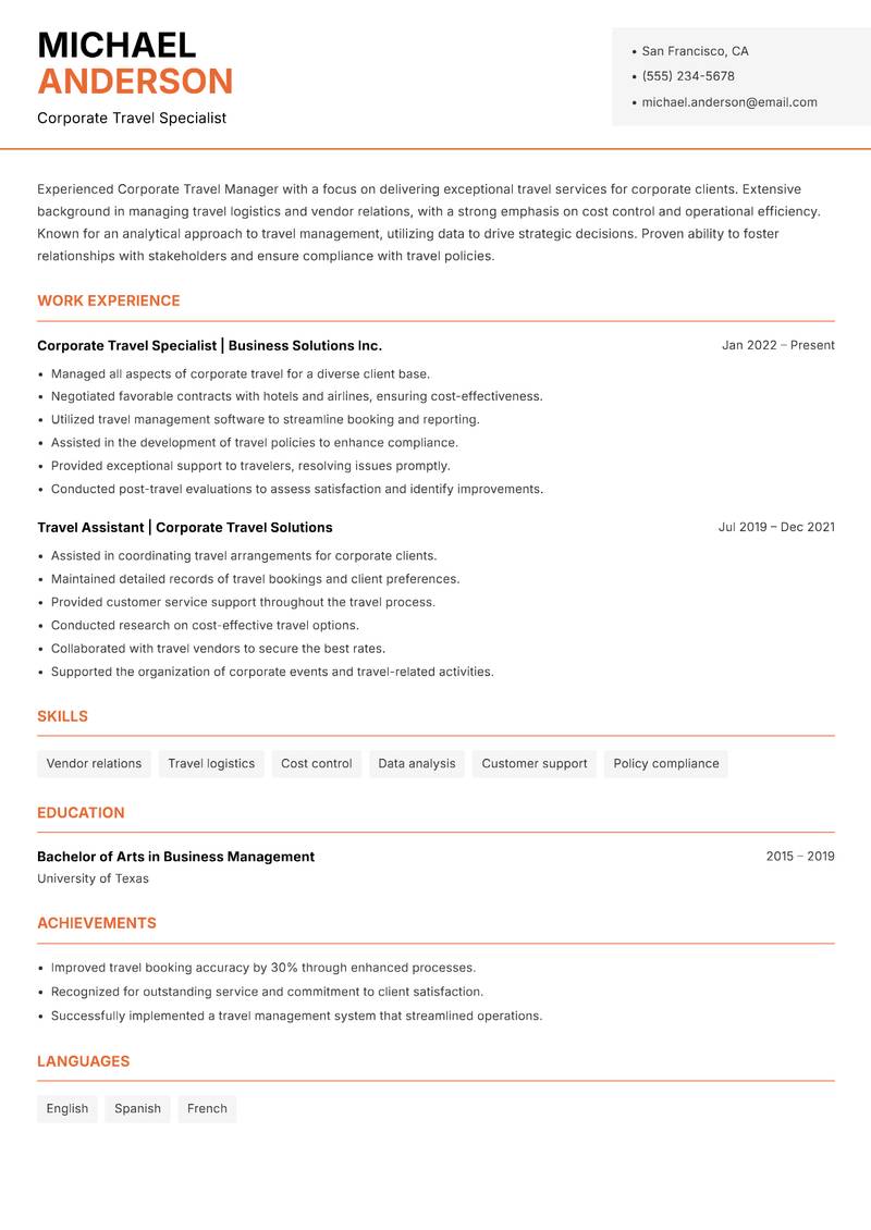 Corporate Travel Manager resume template — Modern Professional