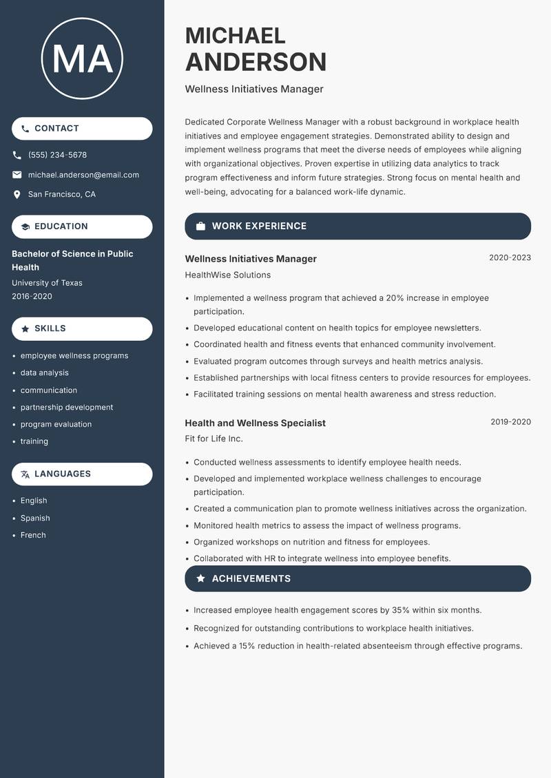 Corporate Wellness Manager resume template — Compact