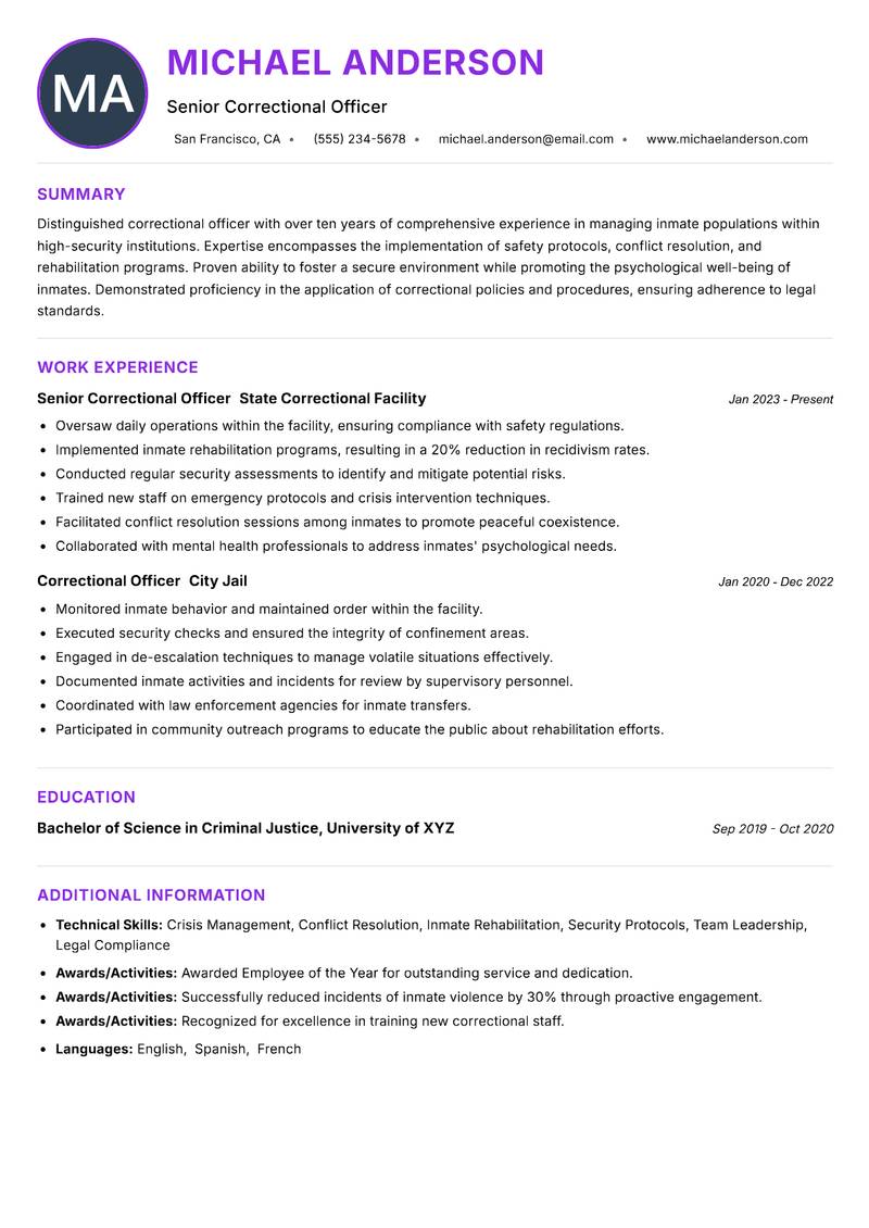 Correctional Officer resume example — ATS-friendly template