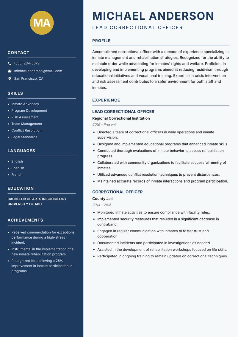 Correctional Officer resume template — Classic Clean