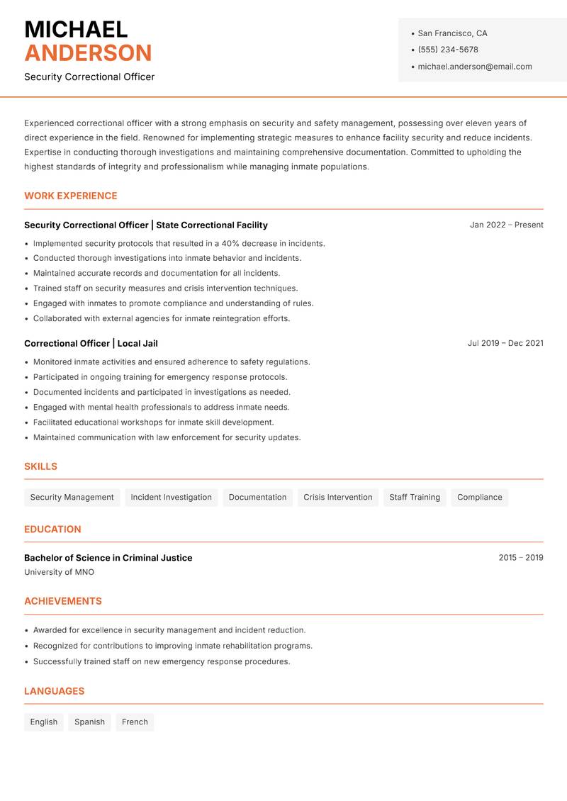 Correctional Officer resume template — Modern Professional