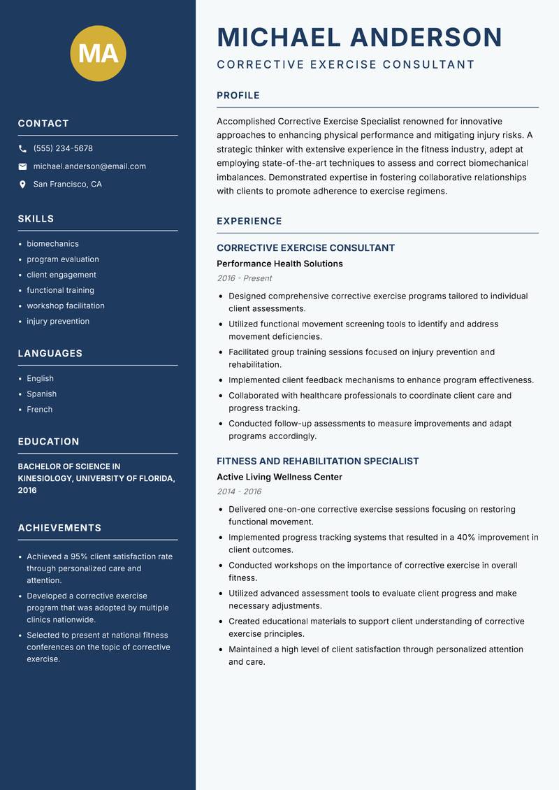 Corrective Exercise Specialist resume template — Classic Clean