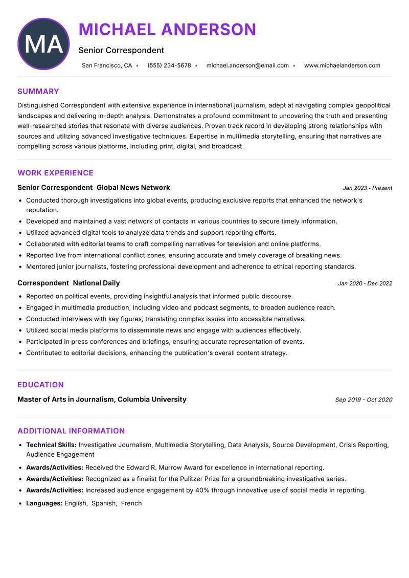 Correspondent resume example — ATS-friendly template