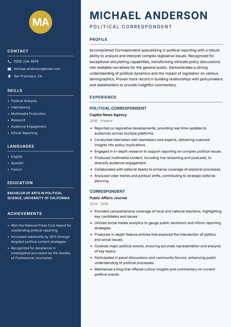Correspondent resume template — Classic Clean