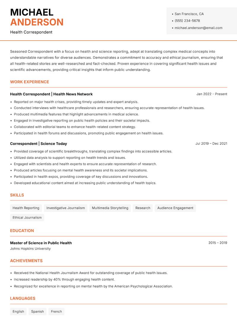 Correspondent resume template — Modern Professional