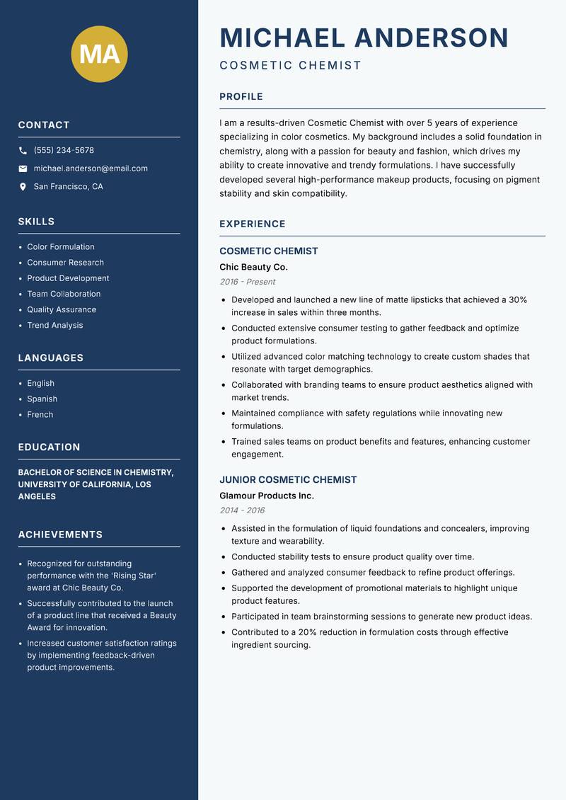 Cosmetic Chemist resume template — Classic Clean