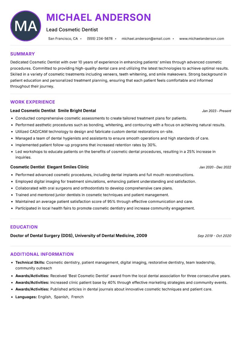 Cosmetic Dentist resume example — ATS-friendly template