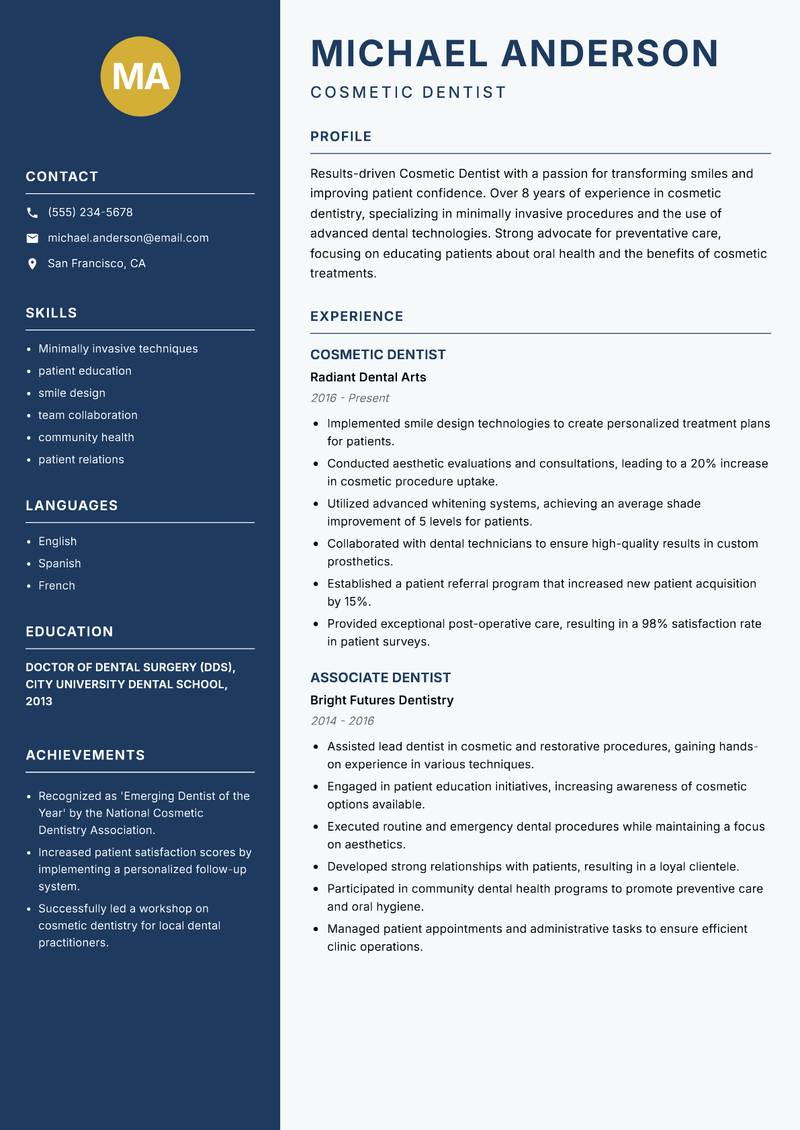 Cosmetic Dentist resume template — Classic Clean