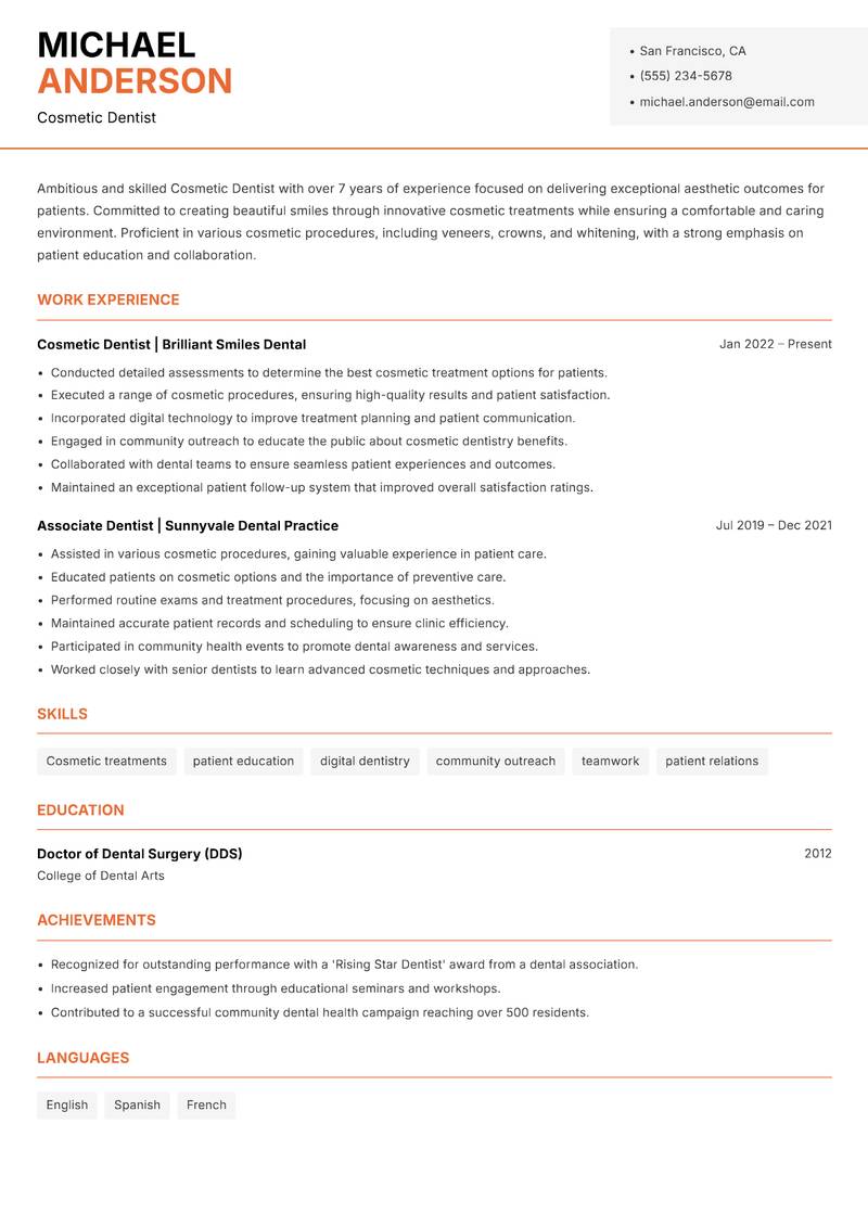 Cosmetic Dentist resume template — Modern Professional