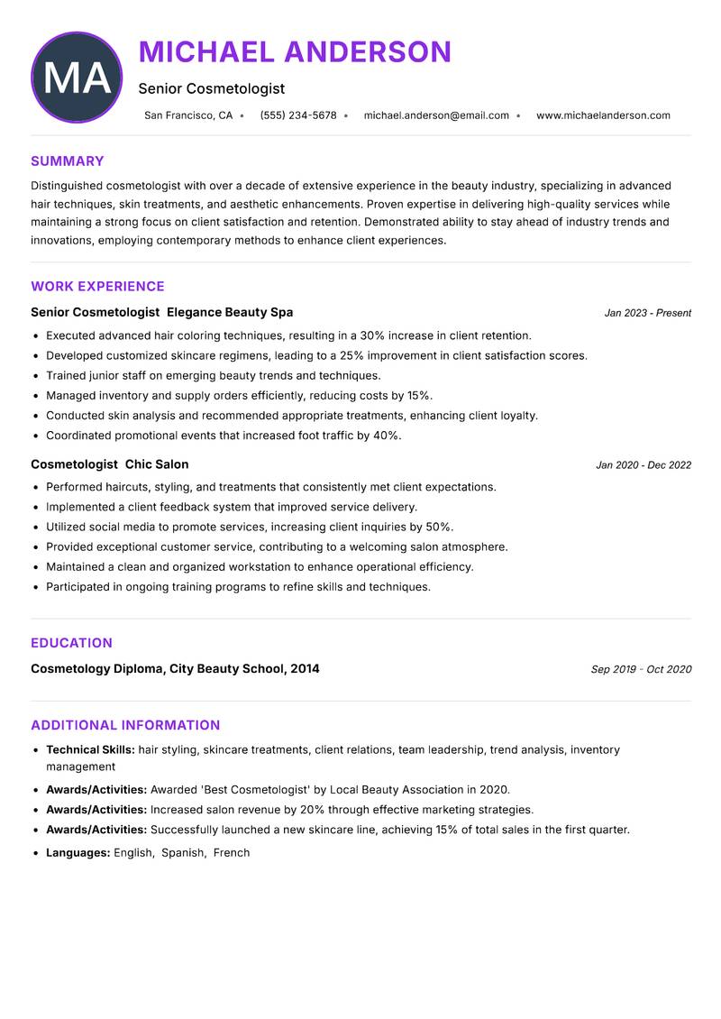 Cosmetologist resume example — ATS-friendly template