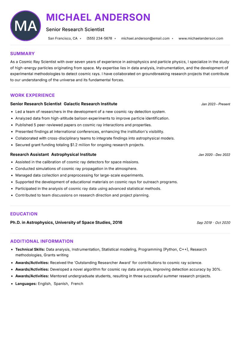 Cosmic Ray Scientist resume example — ATS-friendly template