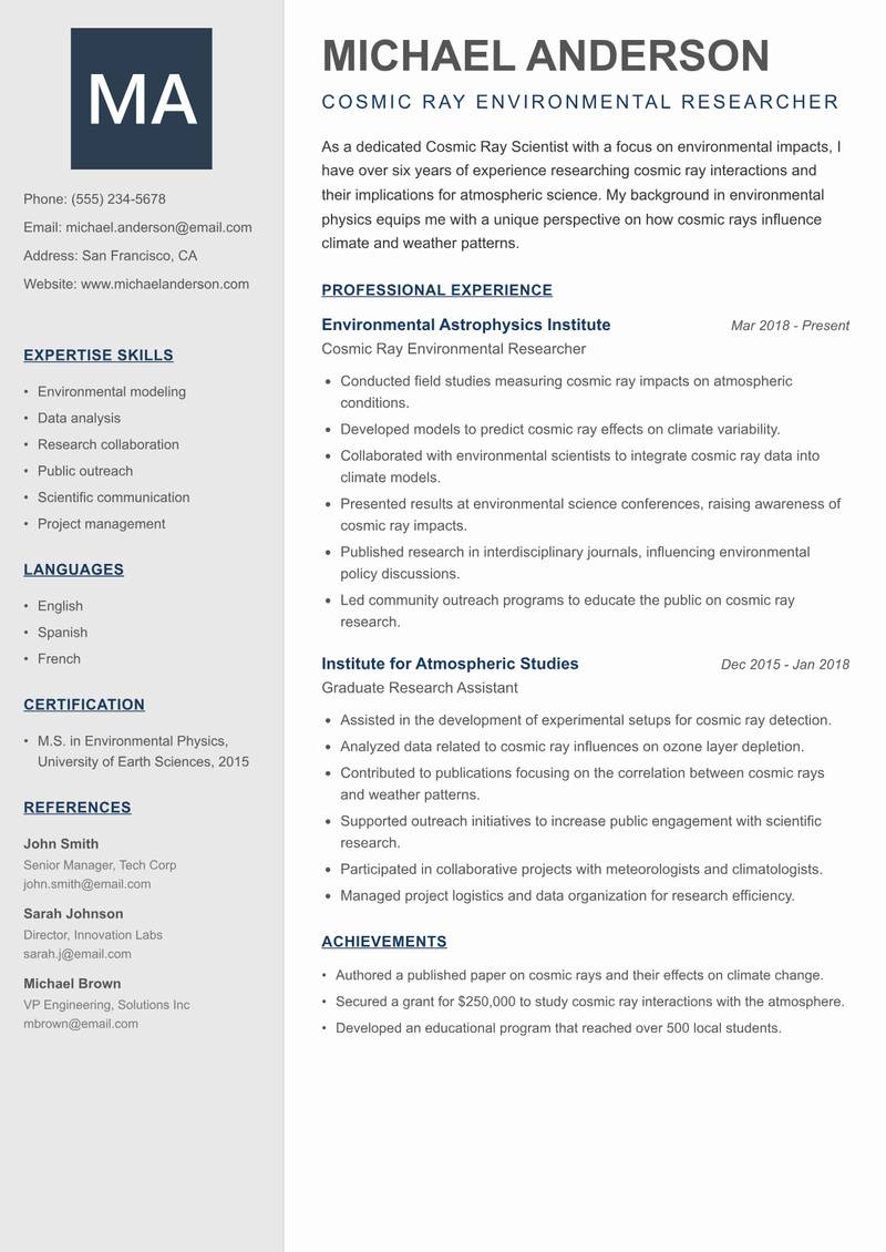 Cosmic Ray Scientist resume template — Creative Minimal