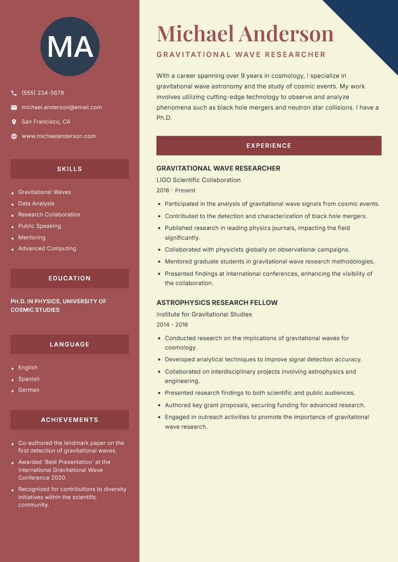 Cosmologist resume template — Two Column