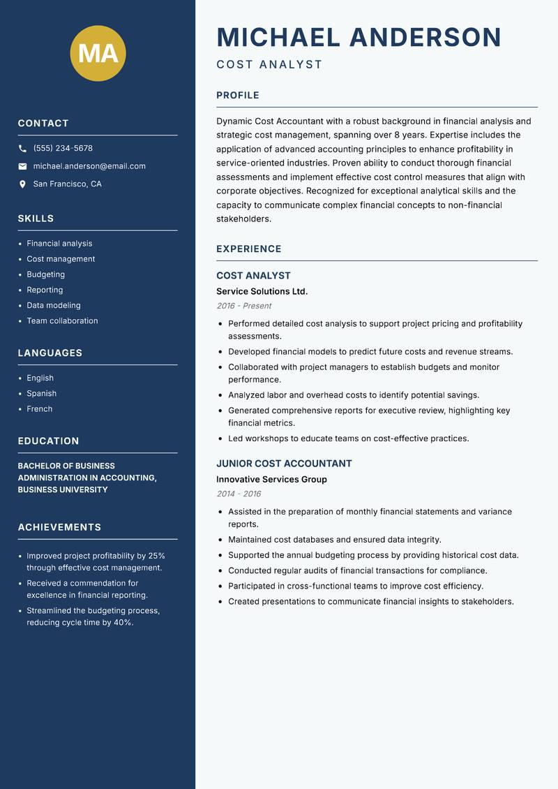 Cost Accountant resume template — Classic Clean