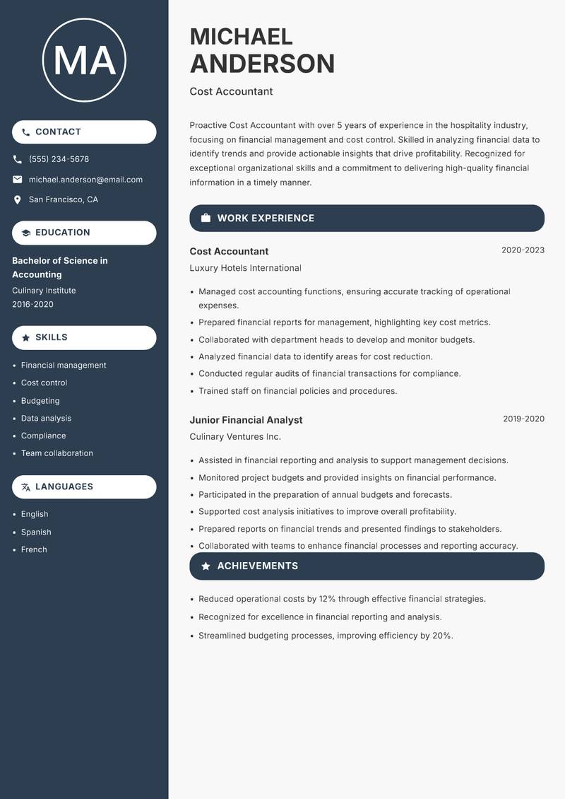 Cost Accountant resume template — Compact