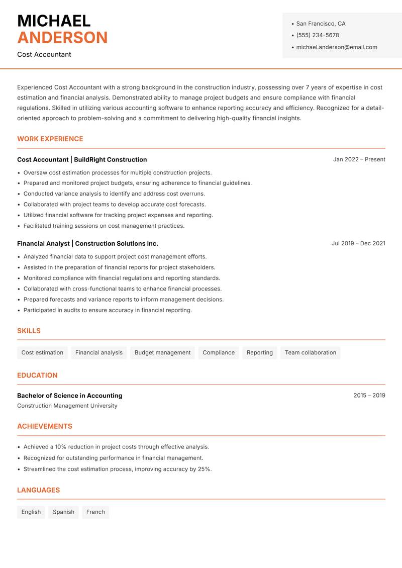Cost Accountant resume template — Modern Professional