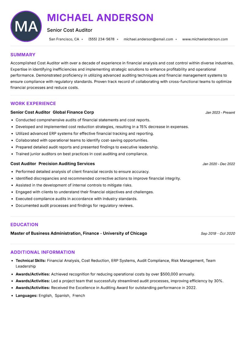 Cost Auditor resume example — ATS-friendly template