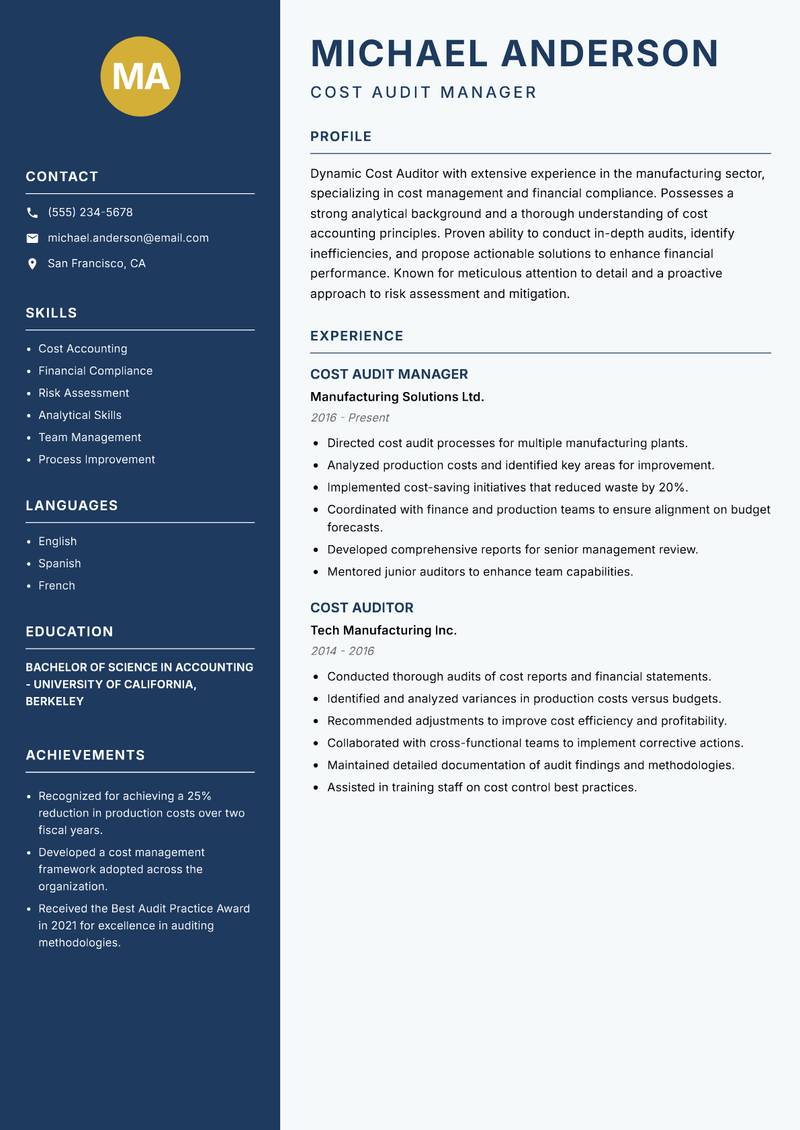 Cost Auditor resume template — Classic Clean