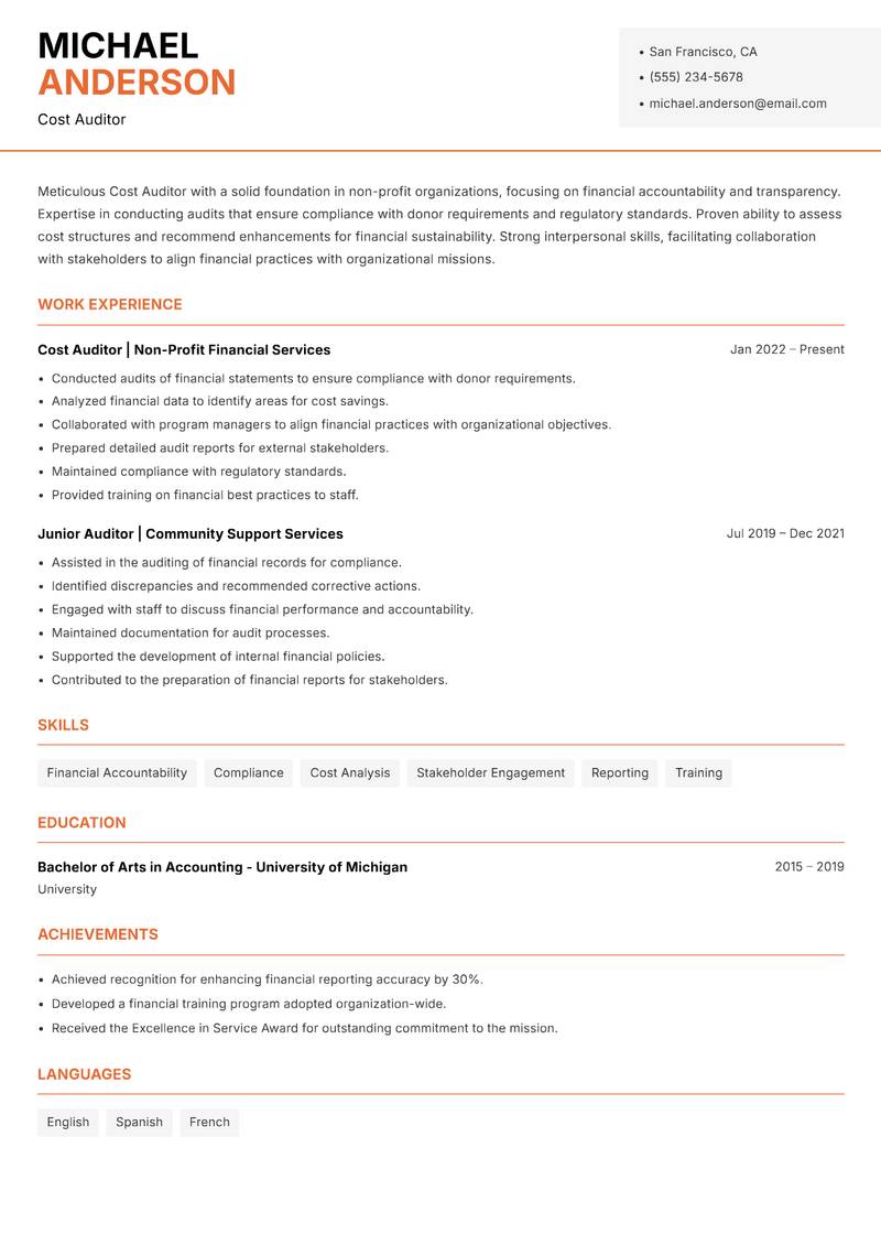 Cost Auditor resume template — Modern Professional