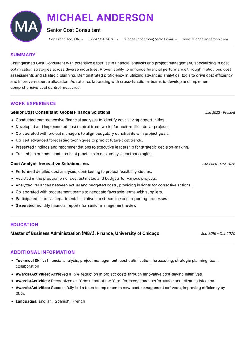 Cost Consultant resume example — ATS-friendly template