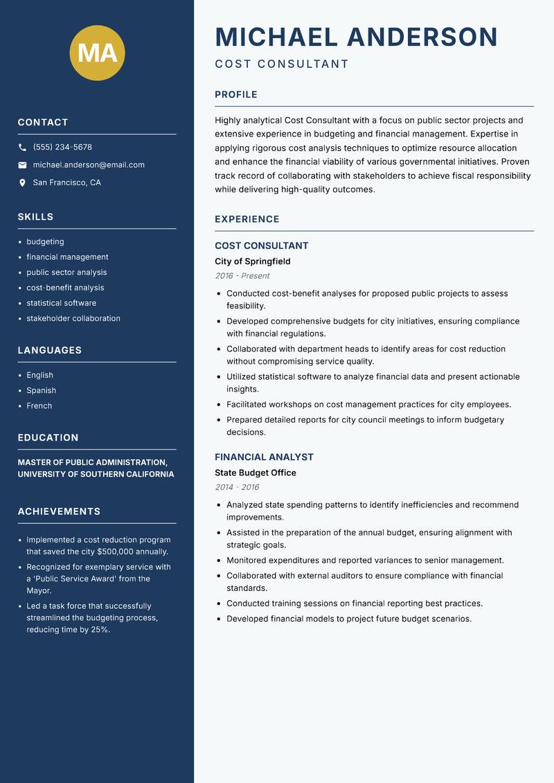 Cost Consultant resume template — Classic Clean