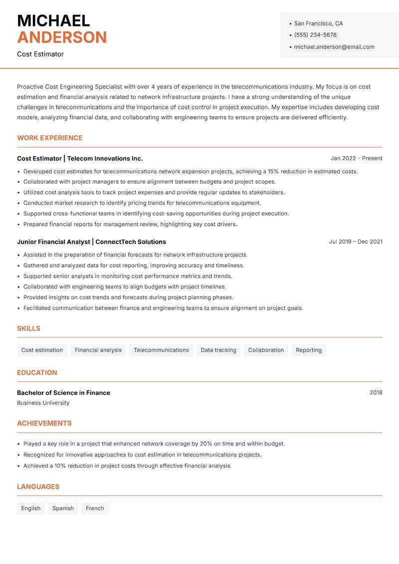 Cost Engineering Specialist resume template — Modern Professional