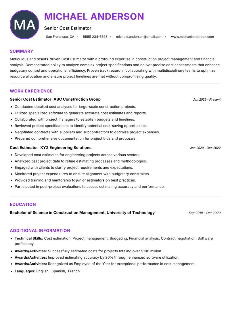 Cost Estimator resume example — ATS-friendly template