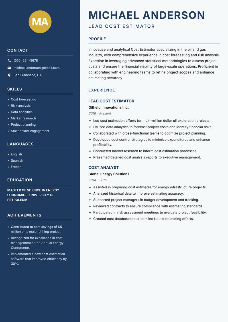 Cost Estimator resume template — Classic Clean